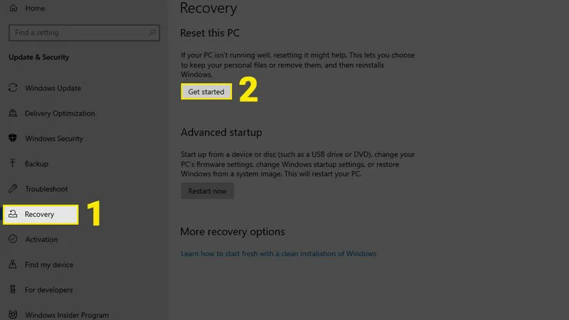 Cách Reset win 10 chi tiết nhất không mất dữ liệu Chọn Get Started