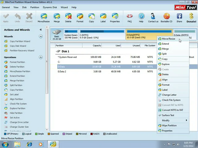 Chọn Chức Năng “Move/Resize” Ổ Đĩa D